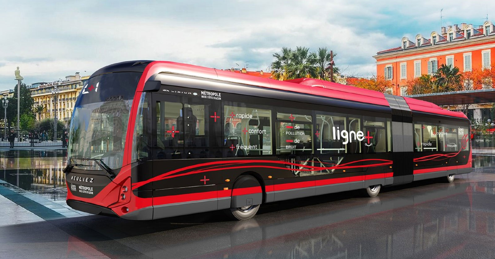 Bus rouge électrique Lignes + (BHNS) de Nice